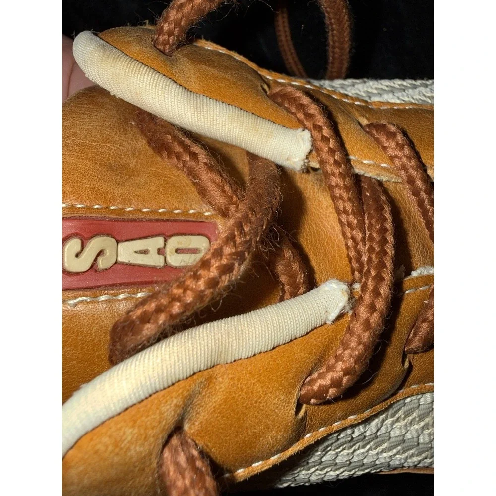 SAO Mens Size 12M Comfort Shoes Brown Beige Leather Sneakers Herringbone Pattern